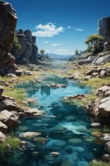 Aufkleber - A serene landscape showcasing hot springs emitting natural gases, creating steam against a backdrop of lush vegetation. 