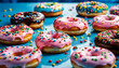  a pink donut with sprinkles and a smiley face on a blue table. The donut is glazed and has a variety of colored sprinkles on top. The smiley face is made with chocolate chips