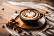 One cup of aroma cappuccino on round marble table, heart shaped latte-art and brown background. Brown sugar and sweets on wooden plate. 