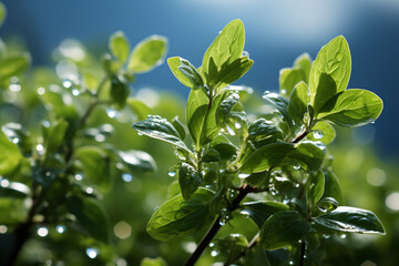 Aufkleber - A close-up of fresh thyme leaves suspended in mid-air, capturing their delicate structure and aromatic essence. 