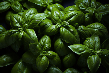 Wall Mural - A close-up of vibrant green basil leaves, freshly plucked from a plant, exuding an aromatic fragrance. 