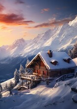 Cozy Cabin In Wild Nature. Landscape Covered With Snow. Generative AI.