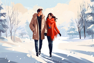 Young couple walking outdoors in winter, beautiful romantic scene, illustration generative AI