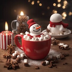 Wall Mural - Red mug with hot chocolate with melted marshmallow snowman