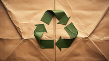 Green Recycling Symbol On Brown Creased Paper Background