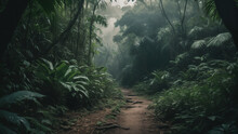 Rain Forest In The Morning , Dark Foggy Forest Road , 