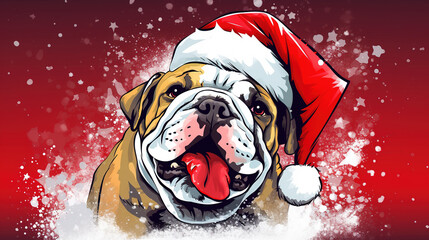 Wall Mural - Happy bulldog dog or puppy wearing Santa hat for christmas festival. Mixed grunge colorful pop art style illustration.