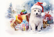 Watercolor painting of white dog with Christmas cap
