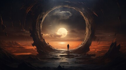 Sticker - A man standing in front of a cave with the moon shining through it, AI