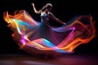 A woman in a long flowing dress is dancing light painted motion trail lines as she moves across the floor, long exposure, glittering, sparkling dress, elegant luxurious patterns. Long Exposure