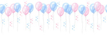 Banner Blue Pink Balloons, Boy Girl Birthday Surprise. Gender Reveal Party, Baby Shower. Hand Drawn Watercolor Illustration Isolated On White Background. For Newborn Products