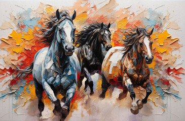Wall Mural - OIL painting . Artistic drawing of a herd of horses. artist canvas art animal painting collection for decoration and interior Abstract wall art