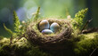bunte Eier zu Ostern in einem Nest in einem Wald im Frühling