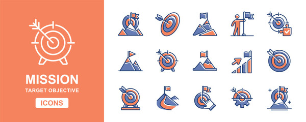 Fototapete - set of goal target mission success icon vector business challenge objective, achievement, aim arrow, hike summit marketing progress symbol illustration for web and app