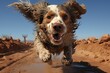 An AI illustration of dog jumping up in the air over a muddy road in a desert area