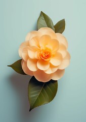 Poster - An AI illustration of a pink flower with green leaves next to a gray background