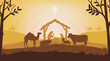 Illustration of Christmas Nativity scene with the three wise men going to meet baby Jesus in the manger. vector background