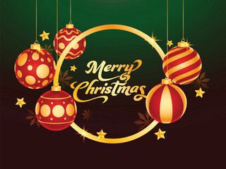 Poster - Golden Merry Christmas Font Text Frame With Hanging 3D Baubles, Stars And Snowflakes Decorated Brown and Green Background.