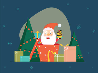 Sticker - Cartoon Santa Claus Presenting Cake Inside Gift Box and Xmas Trees on Blue Background for Merry Christmas Celebration.