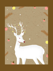 Wall Mural - White Reindeer Character with Baubles, Holly Berries, Fir Leaves Decorated in Background and Copy Space.