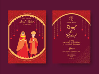 Sticker - Wedding Invitation Card Design With Indian Couple Character In Red Color.