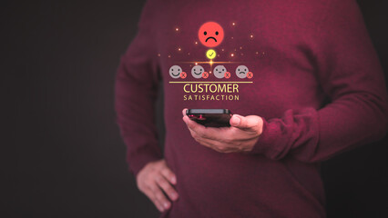 Poster - Customer use a phone give angry emotion face on virtual screen for feedback review satisfaction service opinion and testimonial on application. Online customer review satisfaction feedback survey.