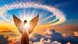in heaven an angel with wings and a halo on the background of sunset skies with clouds in paradise the creation of the world is god
