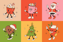 Christmas Retro Collection 30s Cartoon Mascot Characters. Santa, Christmas Tree, Sock, Cup. 50s, 60s Old Animation Style. Vintage Comic Merry Christmas Vector. Cheerful, Happy Emotions