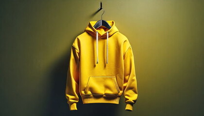 yellow color hoodie hanging blank yellow hoodie suitable for mockup bright yellow sweatshirt against a background yellow hooded sweatshirt jacket on a hanger illustration ai generative