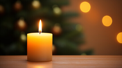 Close up of festive christmas candle with smooth bokeh background 