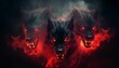 AI generated illustration of Three red fire wolf heads with bared fangs against a black background
