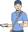 © Dzianis Vasilyeu - Guy works as postman and with smile holds envelope with letter and delivery correspondence