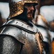 AI-generated illustration of a medieval knight wearing shiny armor with a helmet