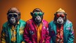 Three monkeys in colorful clothes and sunglasses posing on a yellow background. Illustration Ai generative