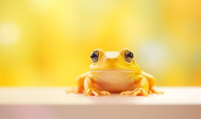 Wall Mural - A yellow frog sitting on a table, AI