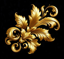 Wall Mural - Gold metal decorative leaves isolated on black background, beautiful floral golden ornaments.