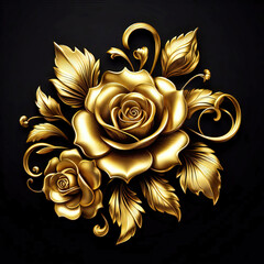 Wall Mural - Gold roses flowers isolated on black, abstract floral background with metal golden flowers ornaments.