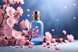 Cosmetic Glass Jars Featuring Luxurious Face Serum on Stylish Podiums Against a Tranquil Blue Background Adorned with Pink Sakura Blossom Branches. Generative AI.