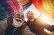 Selfie of a retired couple jumping in a parachute, AI generated
