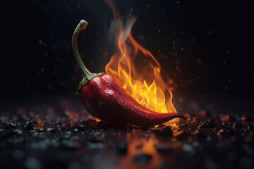 Wall Mural - Red hot chili pepper on fire, AI generated