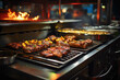 Grill station sizzling. professional restaurant