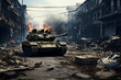 military tanks in a destroyed city, armed conflict, attack, fighting