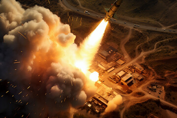 Poster - military rockets in a destroyed city, fighting, conflict, ground operation