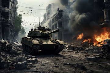 Poster - military tanks in a destroyed city, armed conflict, seizure of territories