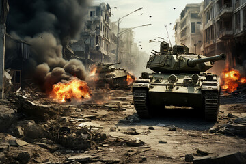 Poster - military tanks in a destroyed city, fighting, conflict, ground operation