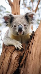 Poster - AI generated illustration of a koala perched on a branch of a tree