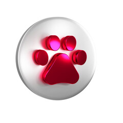 Sticker - Red Paw print icon isolated on transparent background. Dog or cat paw print. Animal track. Silver circle button.