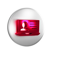 Sticker - Red Laptop with resume icon isolated on transparent background. CV application. Searching professional staff. Analyzing personnel resume. Silver circle button.