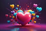 Fototapeta  - Colorful 3d heart shapes creative background, horizontal composition