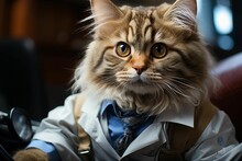 An AI Illustration Of A Cat Wearing A Suit And Tie Sitting In An Office Chair